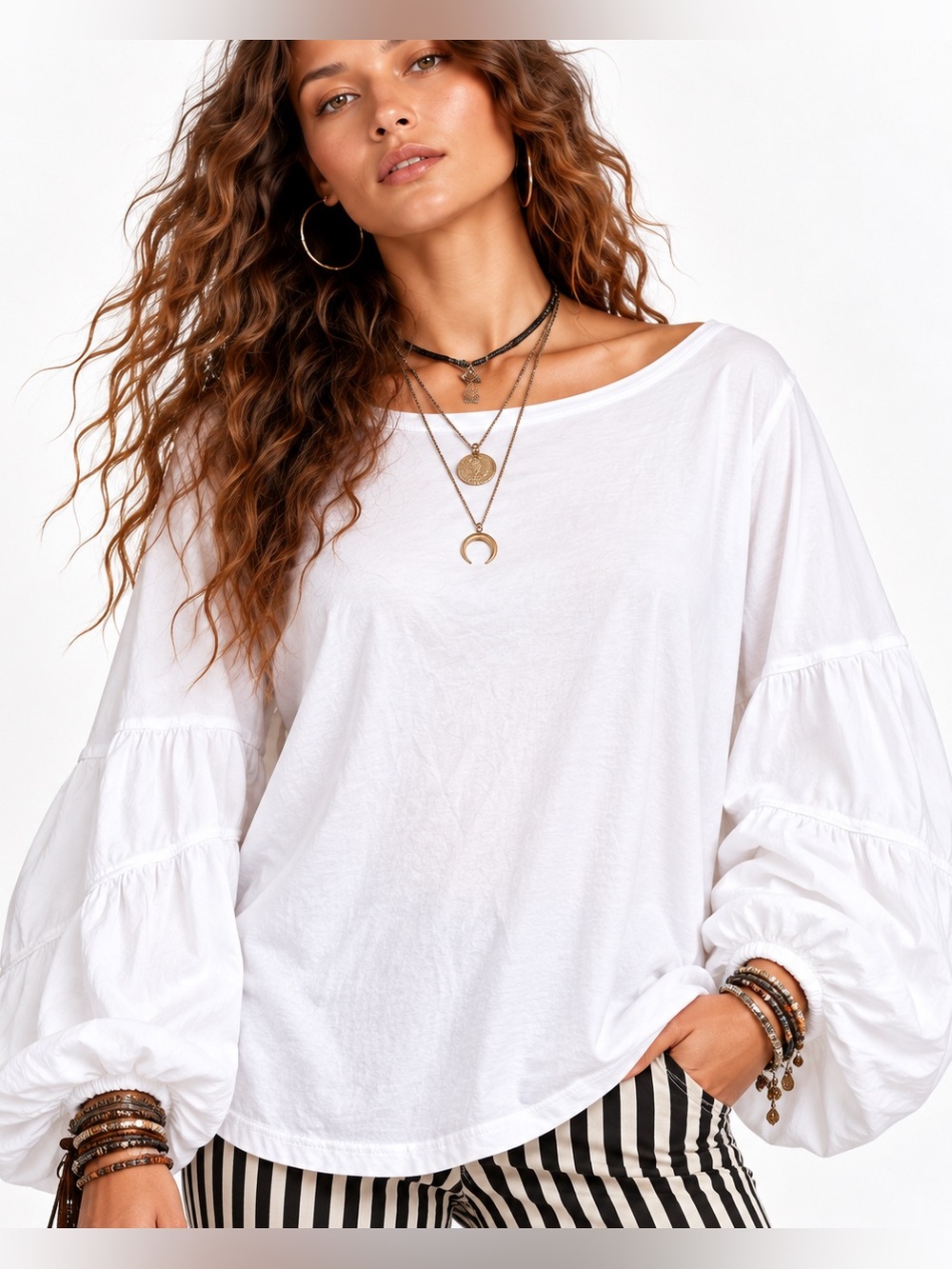 Free People We The Free White Oversized Balloon Sleeve Top Size M NWT
